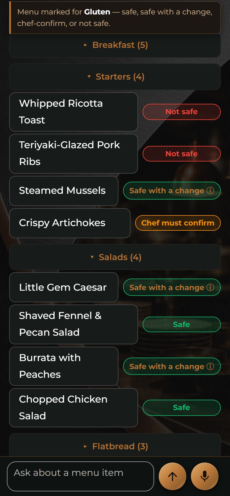 The Pass on a phone: a sample menu marked for gluten, showing Not safe, Safe with a change, Chef must confirm and Safe.